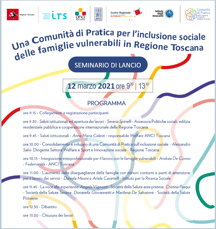 programma del seminario di lancio del progetto Comunità di Pratica per l’inclusione delle famiglie vulnerabili in Toscana, seminario online il 12 marzo