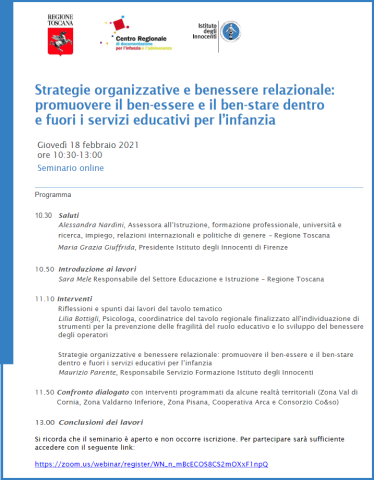 programma del seminario online su Strategie organizzative e benessere relazionale