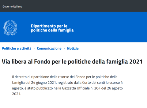 screenshot della pagina del sito del Dipartimento famiglia